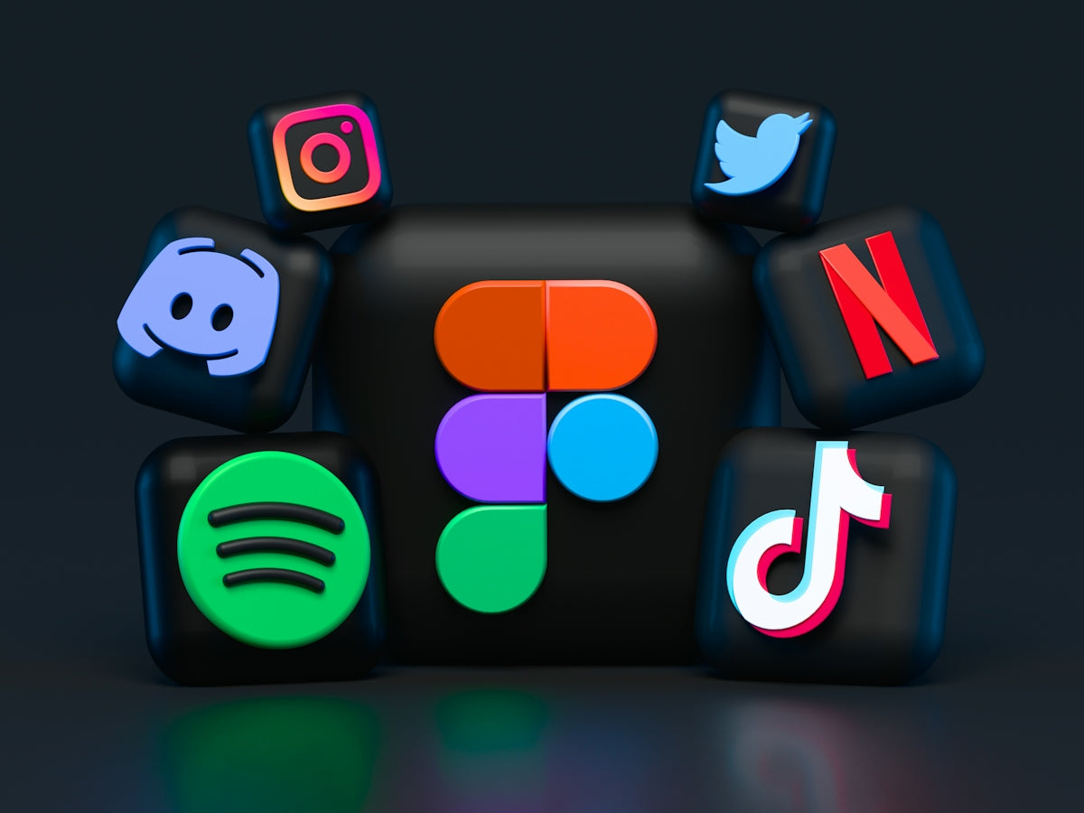 A central Figma logo surrounded by various social media and streaming app icons