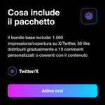 Bundle X/Twitter Pubblicazione • Copertura, Like e Commenti - Cosa include il pacchetto: Il bundle base include: 1.000 impressions/copertura su X/Twitter, 50 like distribuiti gradualmente e 10 commenti personalizzati o coerenti con il contenuto