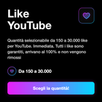 LIKE - Like YouTube: Quantità selezionabile da 150 a 30.000 like per YouTube. Immediata. Tutti i like sono garantiti, arrivano al 100% e non vengono rimossi