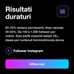 FOLLOWER UOMINI ITALIANI 18+ • Fanbase Maschile - Risultati duraturi: 65-70% restano permanenti, drop naturale 30-35%. Da 100 a 1.000 follower per ordine. Solo profili maschili italiani 18+, ideale per contenuti femminili/moda donna