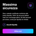 PLAY TRACK ITALIANI - Massima sicurezza: Zero, metodo certificato conforme alle policy Spotify. 100% da account italiani reali con cronologia attiva. 50-250 secondi per brano, conta per Spotify for Artists