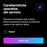 TWITCH LIVE VIEWS - Caratteristiche operative del servizio: Attivazione immediata dopo l’ordine. Nessuna password richiesta. È sufficiente inserire il link della live Twitch
