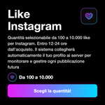 LIKE AUTOMATICI INSTAGRAM - Like Instagram: Quantità selezionabile da 100 a 10.000 like per Instagram. Entro 12-24 ore dall’acquisto. Il sistema collegherà automaticamente il tuo profilo ai server per monitorare e gestire ogni pubblicazione futura
