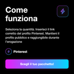 Follower Pinterest 📌 • Crescita Profilo - Come funziona: Seleziona la quantità. Inserisci il link corretto del profilo Pinterest. Mantieni il profilo pubblico e raggiungibile durante l’erogazione