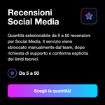RECENSIONI AMAZON ITALIANE • Account Reali - Recensioni Social Media: Quantità selezionabile da 5 a 50 recensioni per Social Media. Il servizio viene sbloccato manualmente dal team, dopo richiesta di supporto e conferma esplicita dei limiti tecnici