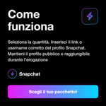 Follower Snapchat Europa 🇪🇺 • Crescita Profilo - Come funziona: Seleziona la quantità. Inserisci il link o username corretto del profilo Snapchat. Mantieni il profilo pubblico e raggiungibile durante l’erogazione