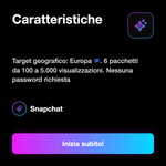 Visualizzazioni Snapchat Europa 🇪🇺 • Visibilità Stories - Caratteristiche: Target geografico: Europa 🇪🇺. 6 pacchetti da 100 a 5.000 visualizzazioni. Nessuna password richiesta
