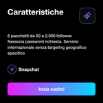 Follower Snapchat 👻 • Crescita Profilo - Caratteristiche: 6 pacchetti da 50 a 2.000 follower. Nessuna password richiesta. Servizio internazionale senza targeting geografico specifico