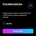 Follower Spotify India 🇮🇳 • Crescita Profilo - Caratteristiche: Target previsto: India 🇮🇳. 6 pacchetti da 50 a 2.000 follower. Nessuna password richiesta