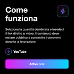 Commenti YouTube Italiani 🇮🇹 • Engagement Video - Come funziona: Seleziona la quantità desiderata e inserisci il link diretto al video. Il contenuto deve restare pubblico e consentire i commenti durante la lavorazione