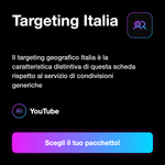Condivisioni YouTube Italia 🇮🇹 • Share e Visibilità - Targeting Italia: Il targeting geografico Italia è la caratteristica distintiva di questa scheda rispetto al servizio di condivisioni generiche