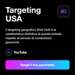 Condivisioni YouTube USA 🇺🇸 • Share e Visibilità - Targeting USA: Il targeting geografico Stati Uniti è la caratteristica distintiva di questa scheda rispetto al servizio di condivisioni generiche